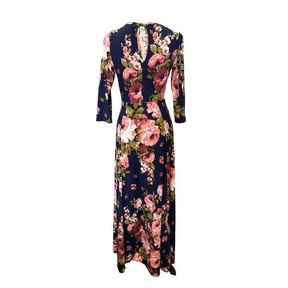 Tea N Rose Navy Pink Floral 3/4 Sleeve Maxi Dress AD63292 Small - Picture 4 of 6